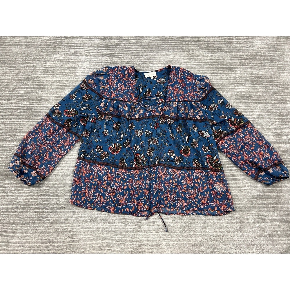 Everly Blouse Women Small Blue Mixed Floral Lace-Up Boho ET2977F Crochet Trim